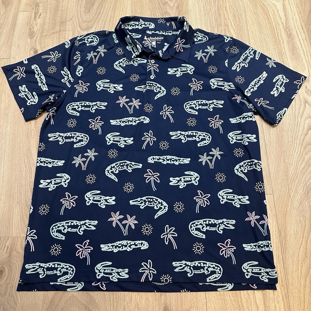 Chubbies Polo Shirt Sz XXL Navy Blue Neon Alligator Palm Tree Print Florida Golf